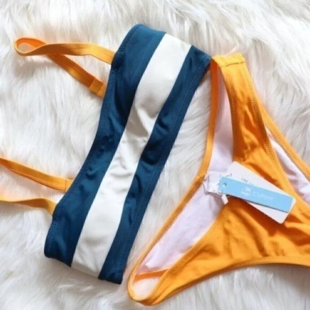 NWT Colorblock Bandeau Low Rised Bikini Set Size Small Bathing Suit Swim